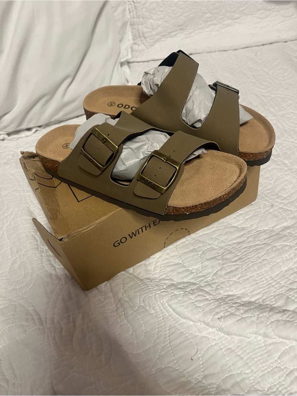 Double-Buckle Slide Sandals in Olive for Women